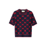 Gucci Navy & Red GG Monogram Short-Sleeve Knit Top