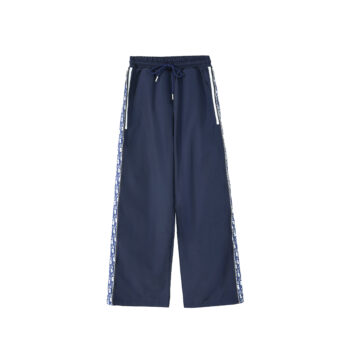 Dior-Inspired Navy Wide-Leg Track Pants with Logo Side Stripes
