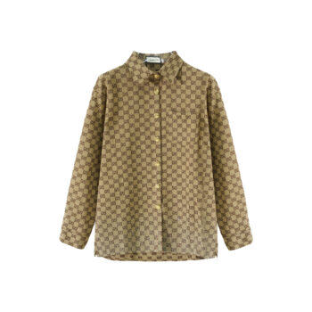 Designer-Inspired Brown Monogram Pattern Shirt with Button-Down Front