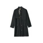 Classic Black Long Trench Coat with Check Detail