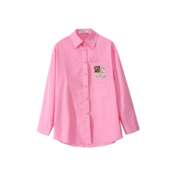 Elegant Pink Button-Up Shirt with Embroidered Pocket