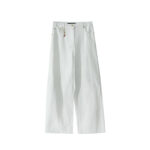 Elegant White High-Waist Wide-Leg Pants with Minimal Gold Detailing