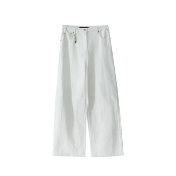 Elegant White High-Waist Wide-Leg Pants with Minimal Gold Detailing