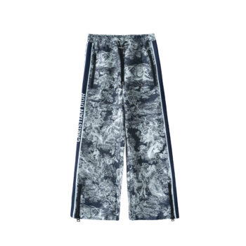 Navy Toile de Jouy Print Track Pants with Side Stripes