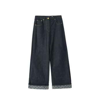 Classic Wide-Leg Denim Pants with Monogram Cuffed Hem
