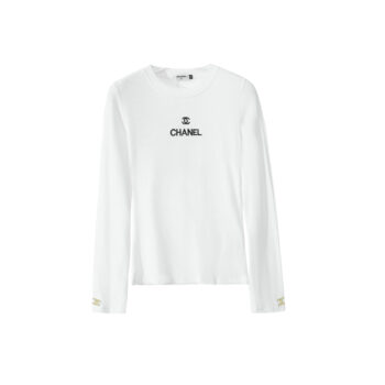 Chanel White Long-Sleeve Top with Iconic Black Logo
